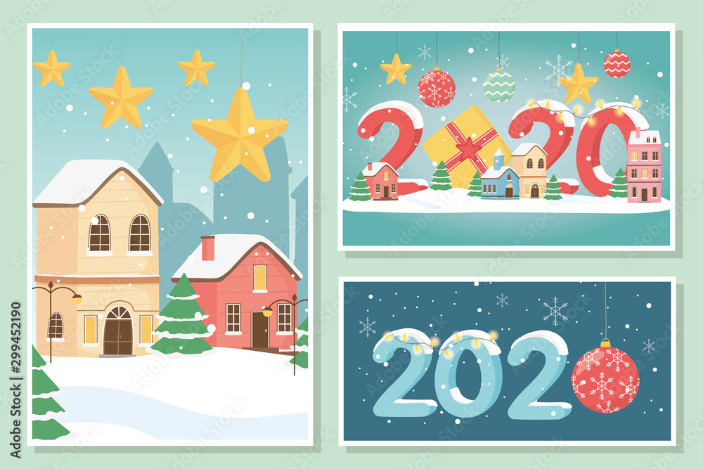 new year 2020 greeting cards village stars gift boxes and ball