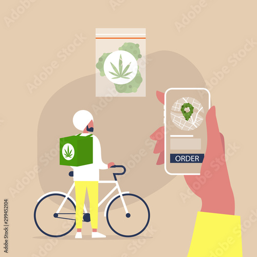 Mobile application for online cannabis delivery service, Young indian male courier with a large backpack riding a bike