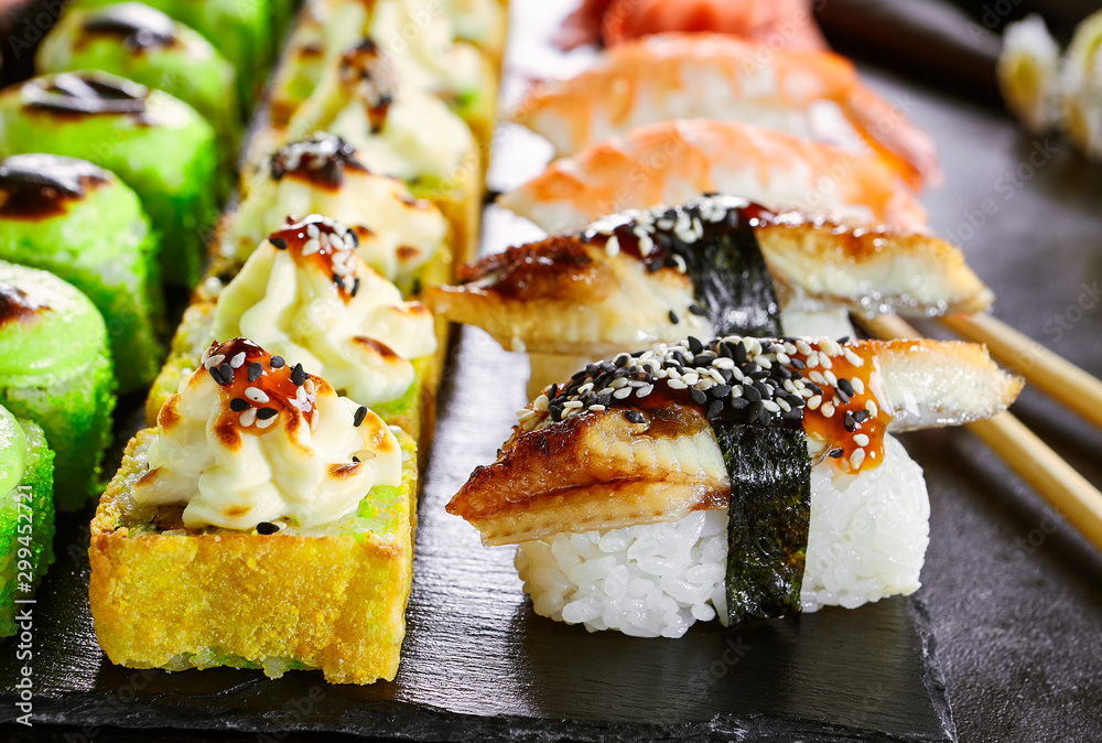 Delicious asian food, roll, sushi and gunkan set Delicious asian food, roll, sushi and gunkan set