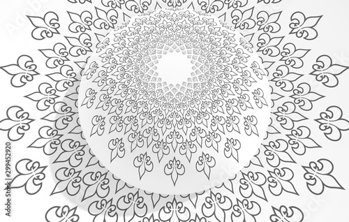 Decorative design element. Pattern with royal lily. Circular ornamental symbol. 3D rendering.