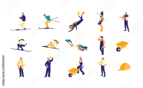 Variety sport and jobs icon set pack vector design