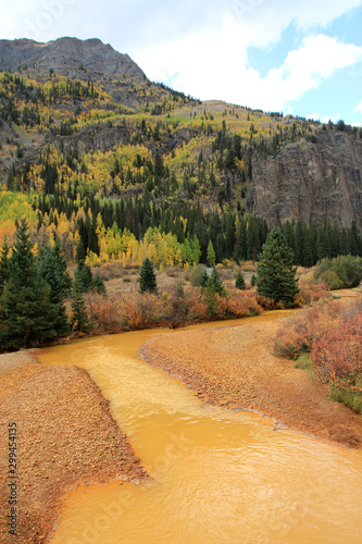 Landscape of Colorado with yellow river Animas in USA