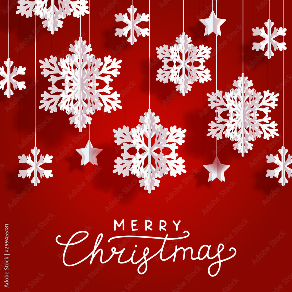 Christmas greeting card with paper snowflakes and stars on red background for Your holiday design