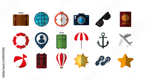 Variety travel and summer icon set pack vector design