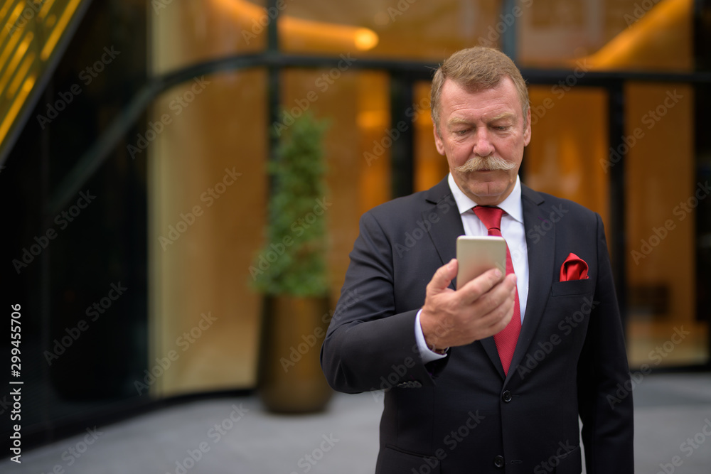 Handsome senior businessman with mustache using phone in the city