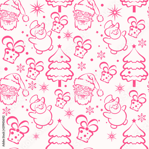 New Year and Christmas background. Seamless pattern with snowman, Santa Claus and Christmas tree on white background. Great for new year cards, poster, banners, invitations. Color image. Vector. © PETR BABKIN