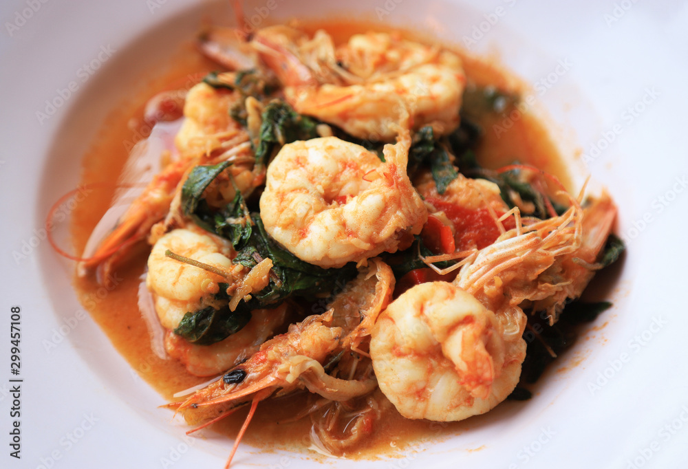 Spicy shrimp stir fried with close up view 