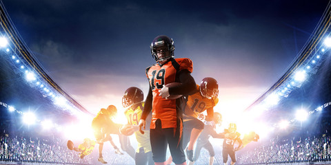 American football players fight for ball. Mixed media