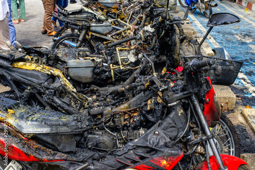 Billede på lærred Motorcycle was burned from the arsonist of the terrorists
