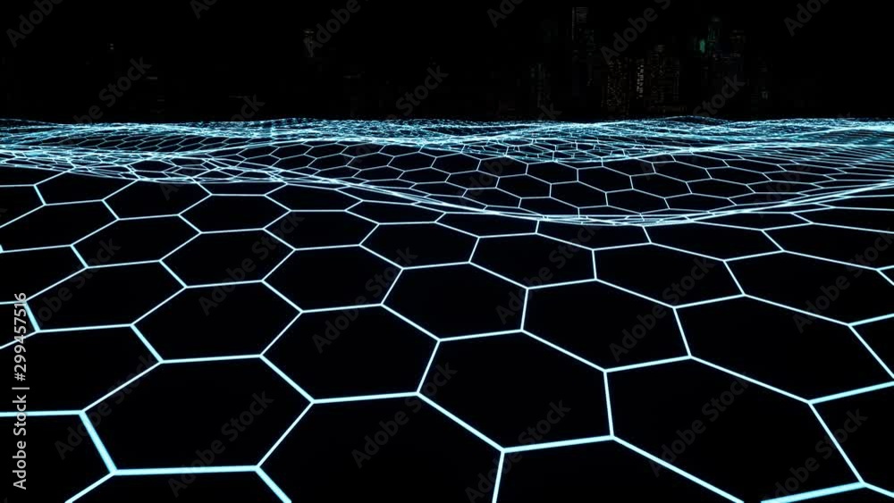 Neon cyberspace net polygonal 3d footage. Fluorescent netting looped animation. Cells and honeycomb. Abstract futuristic grid moving. Hexagonal shapes surface motion seamless video