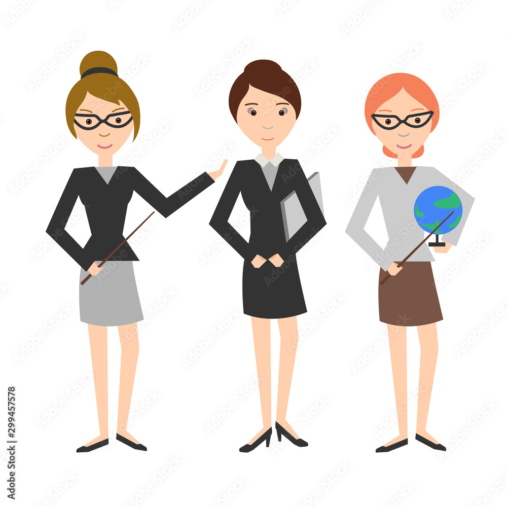 Teachers. Women in suits. Teacher of geography with a globe in his hands. Flat design. People isolated on white background. Vector illustration. Teachers. Women in suits. Teacher of geography with a globe in his hands. Flat design. People isolated on white background. Vector illustration.