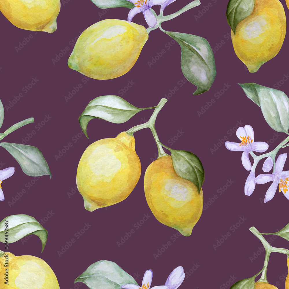 Watercolor seamless pattern of lemons and blossom branches