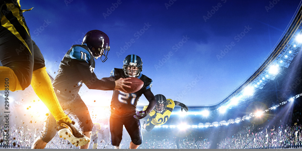 American football players fight for ball. Mixed media - obrazy, fototapety, plakaty 