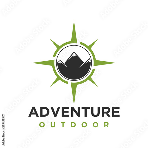 Outdoor adventure logo with mountain elements and wind rose