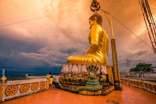 Wat Tham Seua Krabi-Krabi  20 October 2019  atmosphere of a large Buddha statue on a high mountain  with tourists always coming to make merit  Tiger Cave Mountain Temple  Krabi area Noi  Thailand