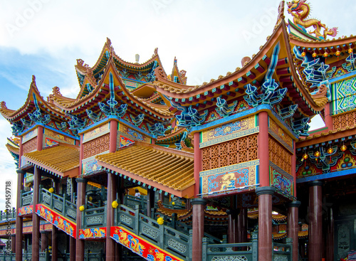 Chinese temple shrine interior and exterior building structure. Traditional ancient religious classic architecture design decoration. Prayer meditation room for worship spiritual ritual Buddhism 