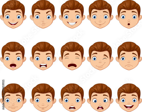 Set of cartoon children head with different face expressions
