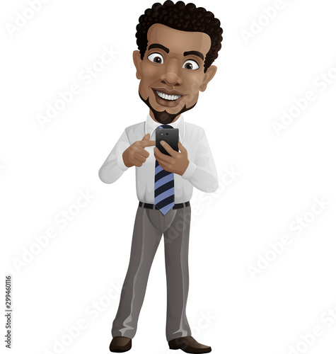 Happy businessman holding mobile phone and pointing on the screen
