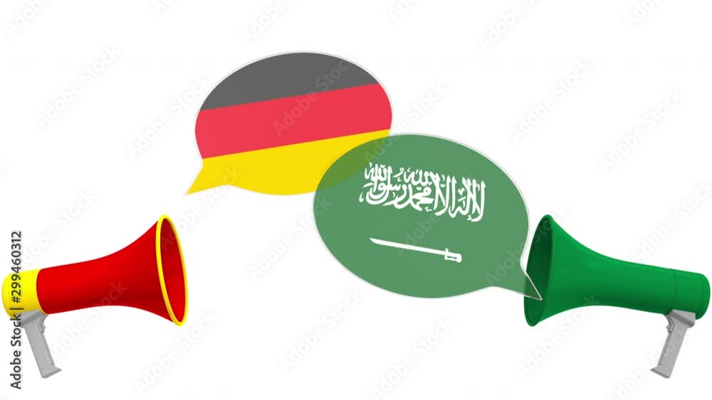 Flags of Saudi Arabia and Germany on speech balloons from megaphones. Intercultural dialogue or international talks related 3D animation Flags of Saudi Arabia and Germany on speech balloons from megaphones. Intercultural dialogue or international talks related 3D animation