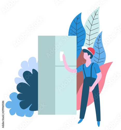 Cleaning service worker wiping refrigerator housekeeping isolated abstract icon