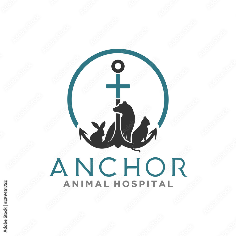 Anchor animal hospital logo design, simple minimalist silhouette icon veteriarian business pet