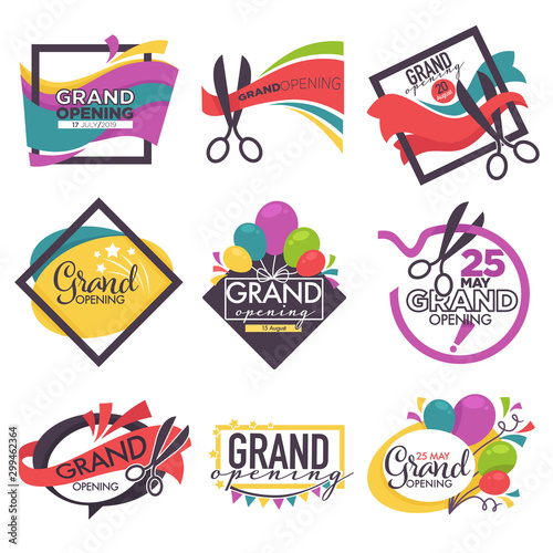 Grand opening isolated icons ribbon and scissors balloons and confetti