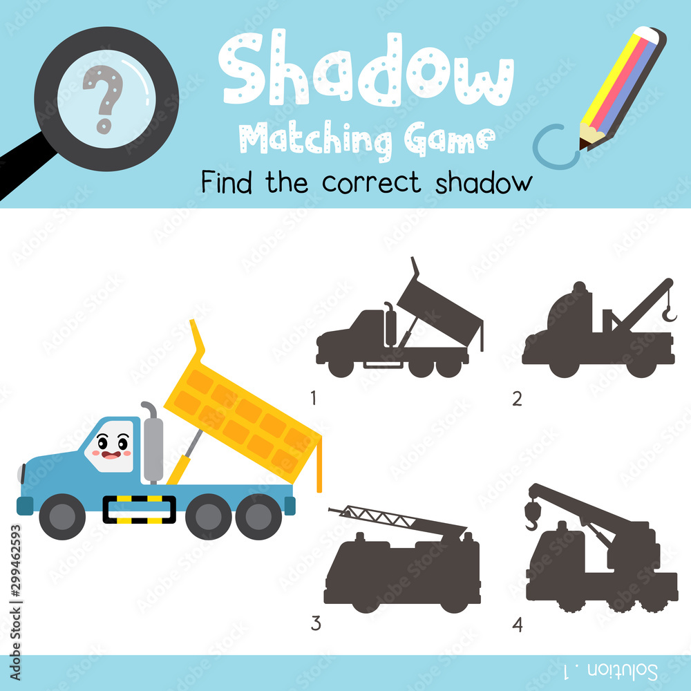 Shadow matching game Dumper Truck cartoon character side view vector  illustration Stock Vector | Adobe Stock