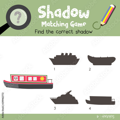 Shadow matching game Narrowboat cartoon character side view vector illustration