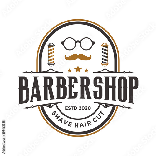 Barbershop logo with a complex design of elegant vintage details with professional scissors and razor elements, for your business and professional barbershop label with quality services.