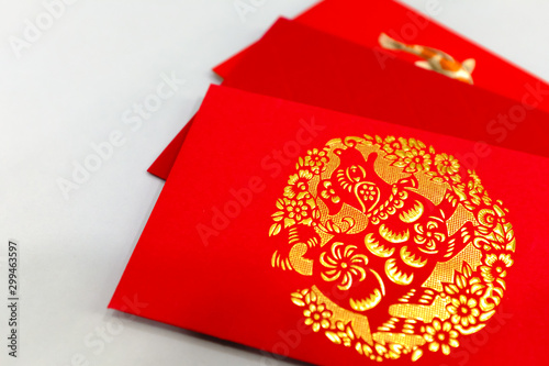Chinese dog new year red package display on white background