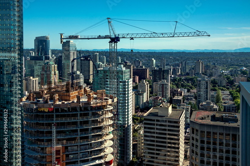Construction of high-rise building in Downtown of Vancouver city, aerial view
