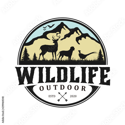 Outdoor mountain nature logo - hunting animal adventure wildlife pine tree forest design