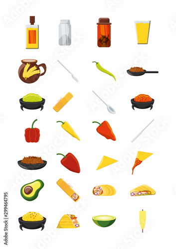 Variety mexican food icon set pack vector design