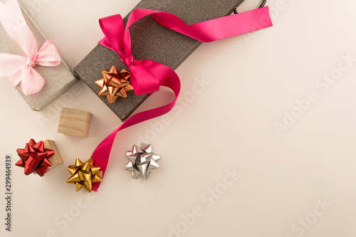 Top view  xmas present box with silver sparkle with white background,Banner mock up for adding your text,chrismas Gift giving on holiday seasonal concept. photo