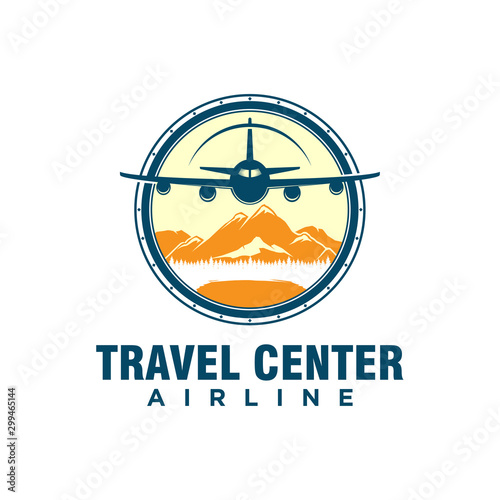 Airline airplane travel agency logo design, transport vehicle icon simple minimalist, mountain element adventure tourism.