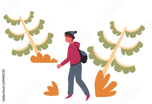 Guy in forest hiker or backpacker traveler or tourist and trees