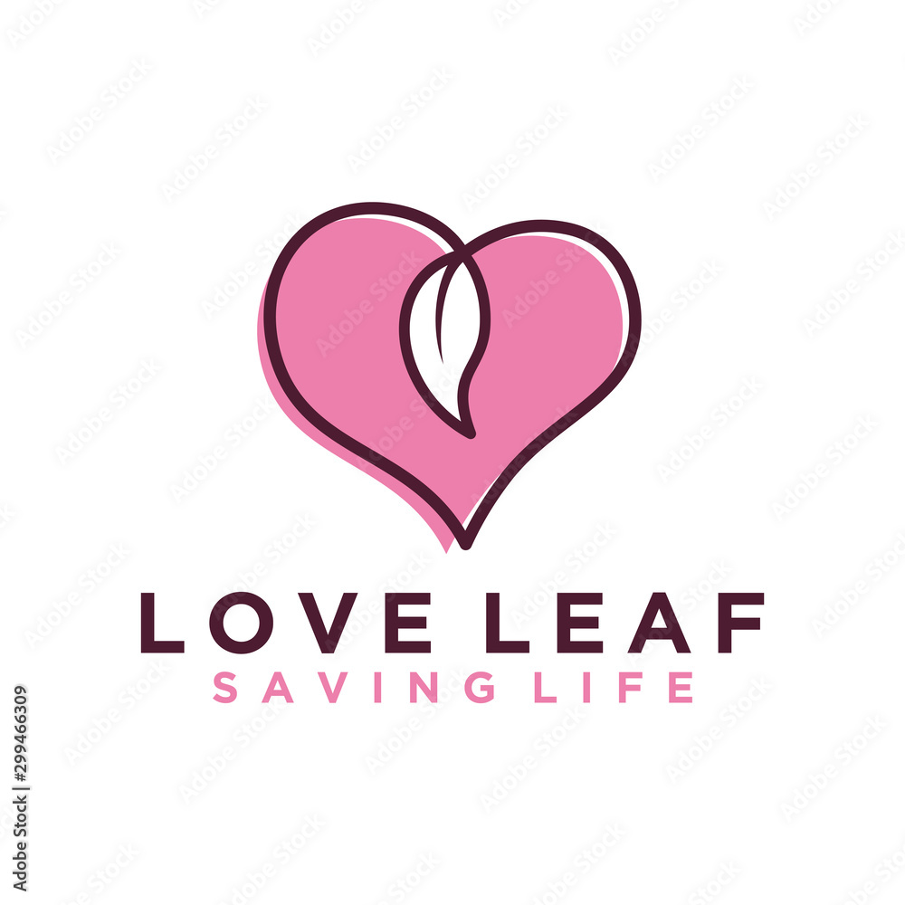 Love heart leaf nature logo design, simple minimalist icon valentine day, save nature.