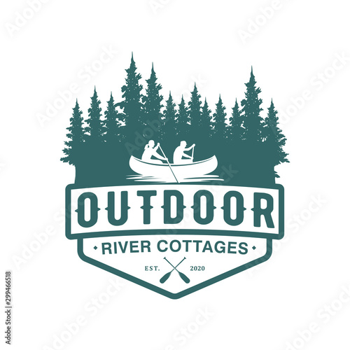 Logo outdoor adventure using a canoe boat in a natural forest river badge design