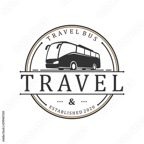 Travel agency badge logo design, transport icon vintage style, traveling business bus airplane landmark.