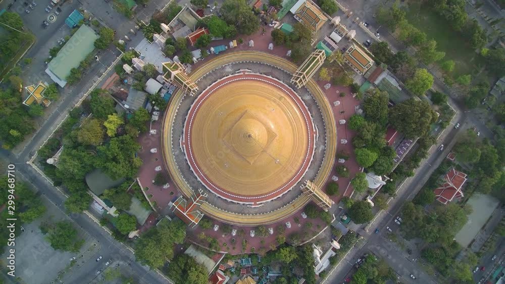 Vdo. Aerial view view morning of Phra Pathom Chedi Pagoda the largest Pagoda of Thailand, Wat Phra Pathom Chedi, Nakhon Pathom, Thailand. (view low to high level) Vdo. Aerial view view morning of Phra Pathom Chedi Pagoda the largest Pagoda of Thailand, Wat Phra Pathom Chedi, Nakhon Pathom, Thailand. (view low to high level)