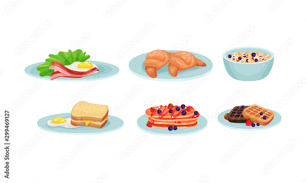 Different Types of Food and Snacks Served on Plates Vector Set