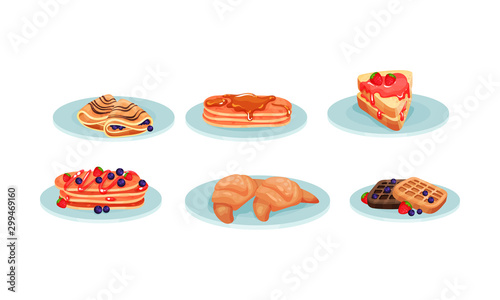 Different Types of Desserts Served on Plates Vector Set