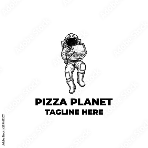 Astronaut mascot character hold delicious big pizza logo template