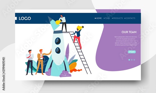 Teamwork and startup web page template spaceship launch