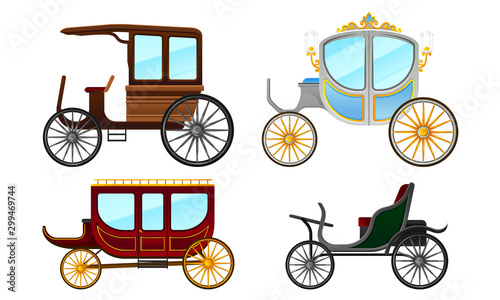 Carriage Vintage Vehicles With Old Wheels Vector Set
