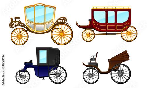 Carriage Vintage Vehicles With Old Wheels Vector Set