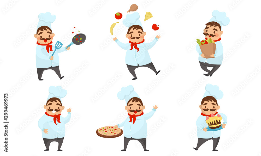 Cute Chef With Mustache Wearing Cook Uniform Vector Illustration Set Cute Chef With Mustache Wearing Cook Uniform Vector Illustration Set