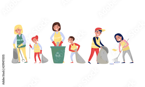 Adults and children clean up the trash. Vector illustration.