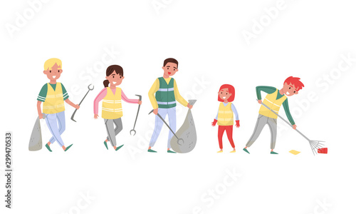 Men and women collect garbage. Vector illustration.