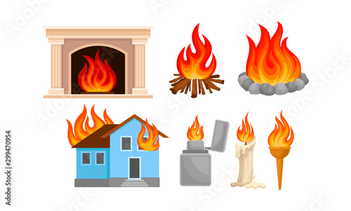 Set of different types of bonfires and fires. Vector illustration on a white background.